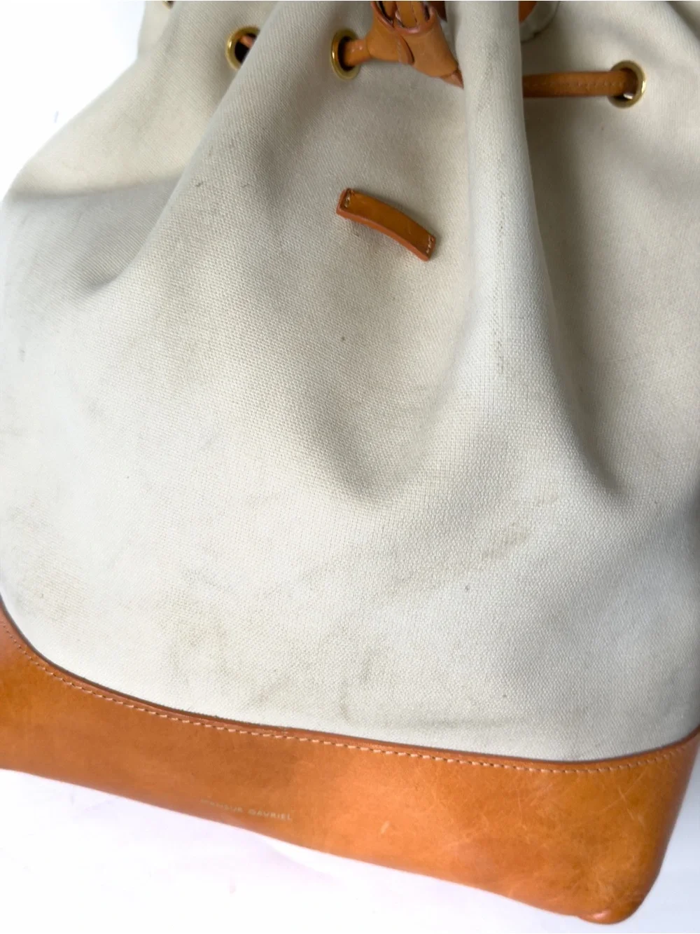 Mansur Gavriel Canvas Mini Backpack Tan Leather Flap Bag  Creme & Cammello